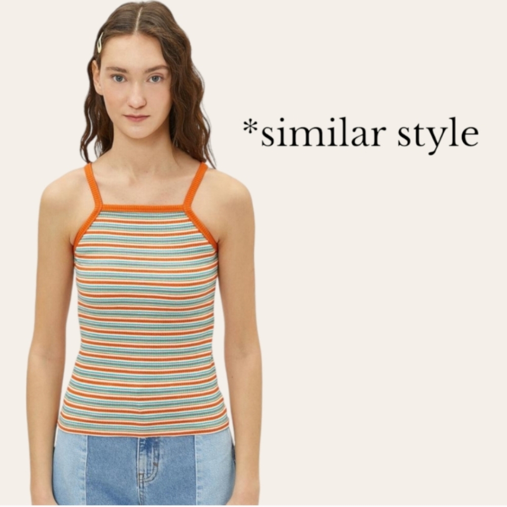 🤎🧡🩵 Rue+ Retro Striped Rib Knit High Neck Strappy Tank Top/Cami, 1X